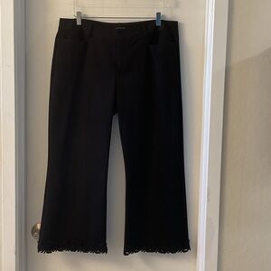 Nanette Lepore Black Wide-Leg Cropped Pants with Floral Lace Trim at Hem